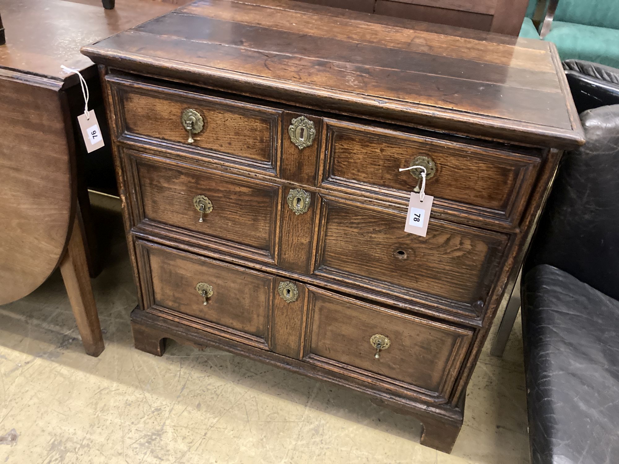 A 17th century style oak three drawer chest, width 79cm, depth 52cm, height 76cm